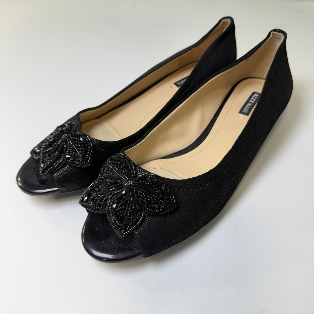 Alex Marie Black Beaded Butterfly Peep Toe Wedge Heels Womens 8.5M Leather Upper